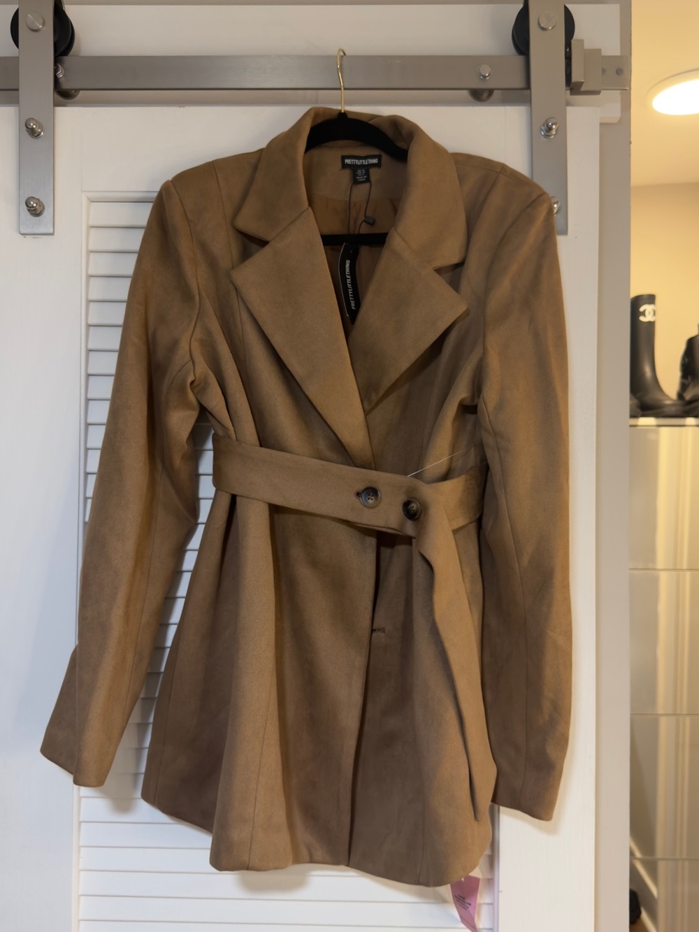 PrettyLittleThing Camel Suede-Look Belted Trench Coat